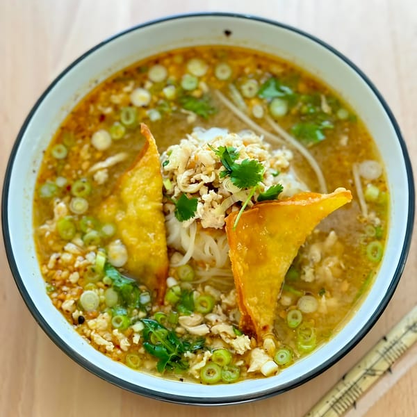A bowl of Sala Thai noodle soup with crispy wontons, ground chicken, and green onions.