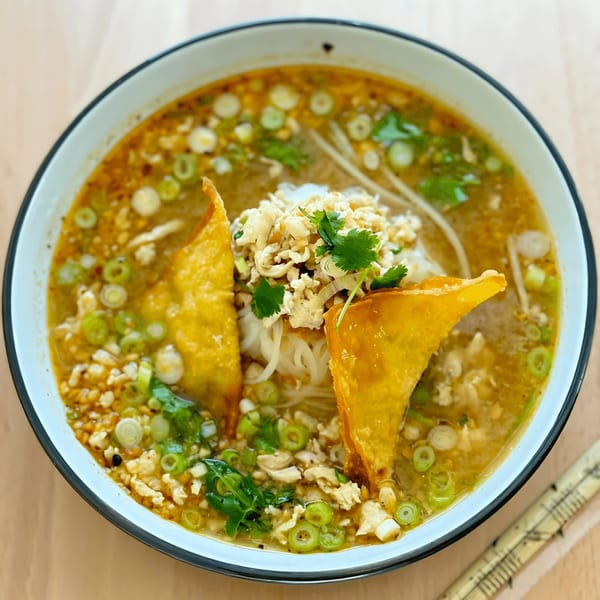 Close-up of Sala Thai's noodle soup with fried wontons, minced chicken, and green onions.