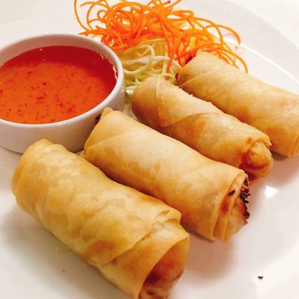 Four crispy Sala Thai spring rolls with sweet chili dipping sauce and shredded carrots.