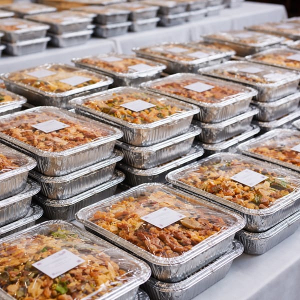 Numerous foil take-out containers filled with Sala Thai food, stacked and ready for delivery.