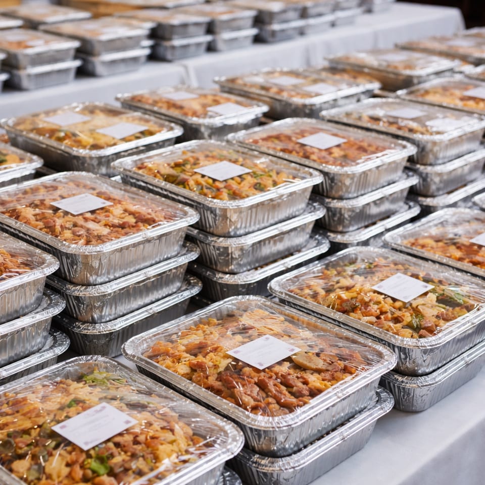 Numerous foil take-out containers filled with Sala Thai food, stacked and ready for delivery.