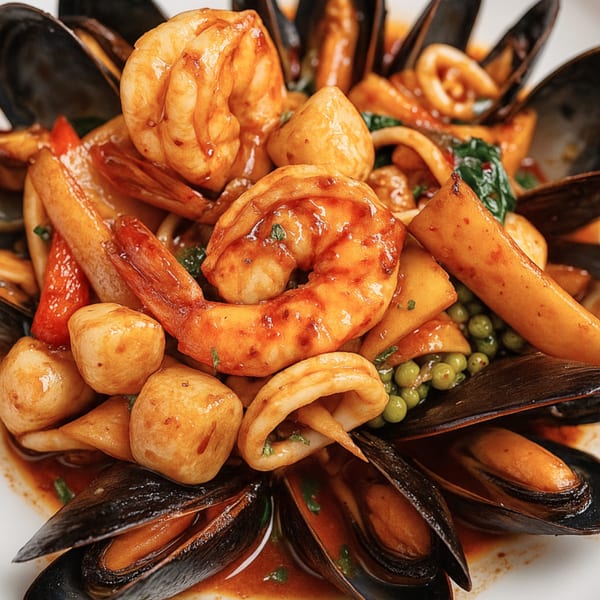 Close-up of a vibrant Thai seafood dish with shrimp, mussels, squid, and fish cakes in a rich sauce.
