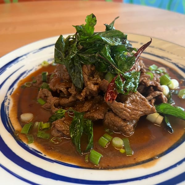 Sala Thai's beef dish with green onions and basil in a rich brown sauce on a striped plate.